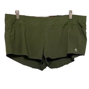 Oiselle Running Shorts back Zipper pocket Green w/ Orange Built-in Brief EUC 12